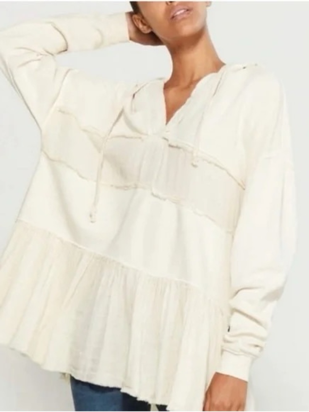 Free People Sail Away Ruffle Hoodie in ivory